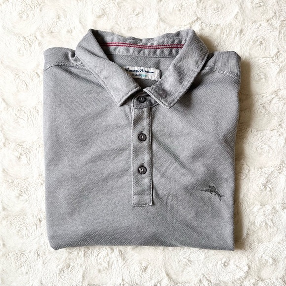 Tommy Bahama Polo Shirt Mens XL Gray IslandZone Geometric AOP Tencel Blend Golf - Picture 1 of 13